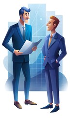 A businessman in a tailored suit, discussing future business strategies with a colleague over a digital blueprint of the company’s expansion plans.
