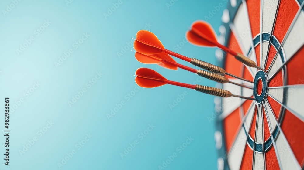 Poster a dartboard with multiple darts hitting the bullseye, representing the achievement of strategic targ