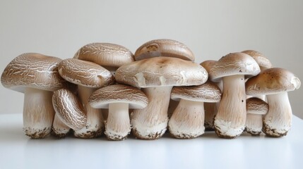 A group of shiitake mushrooms arranged on a white surface, showcasing their thick stems and large, round caps with earthy tones.