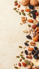 Assorted nuts, seeds, and dried fruits scattered on beige background, creating a nutritious and colorful border. Healthy snack ingredients concept.