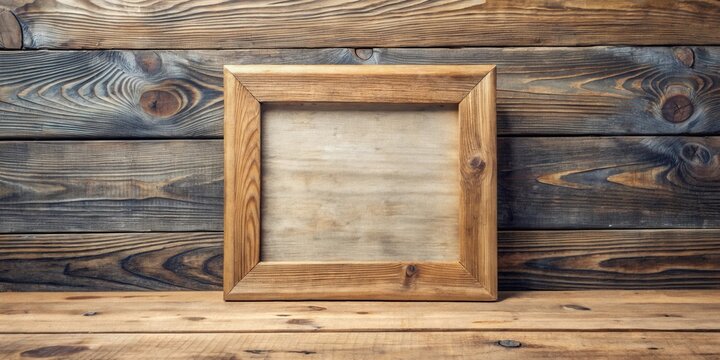 Wooden frame mockup on rustic wooden floor with square design for creative display and presentations