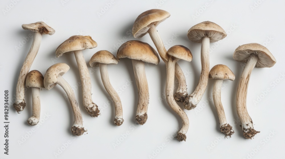 Poster a group of yanagi mushrooms scattered on a plain white background, their smooth caps and thin stems 