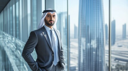 Fototapeta premium A professional man in traditional attire poses confidently against a stunning skyline, reflecting modern architecture and success.