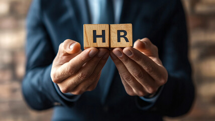 A businessman holds wooden cubes with the word "HR" on it. - banner for corporate work or job interview advertising.