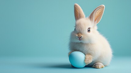 Fototapeta premium A fluffy white rabbit holding a soft blue Easter egg, perfect for cheerful holiday designs related to Easter with minimal copy space.