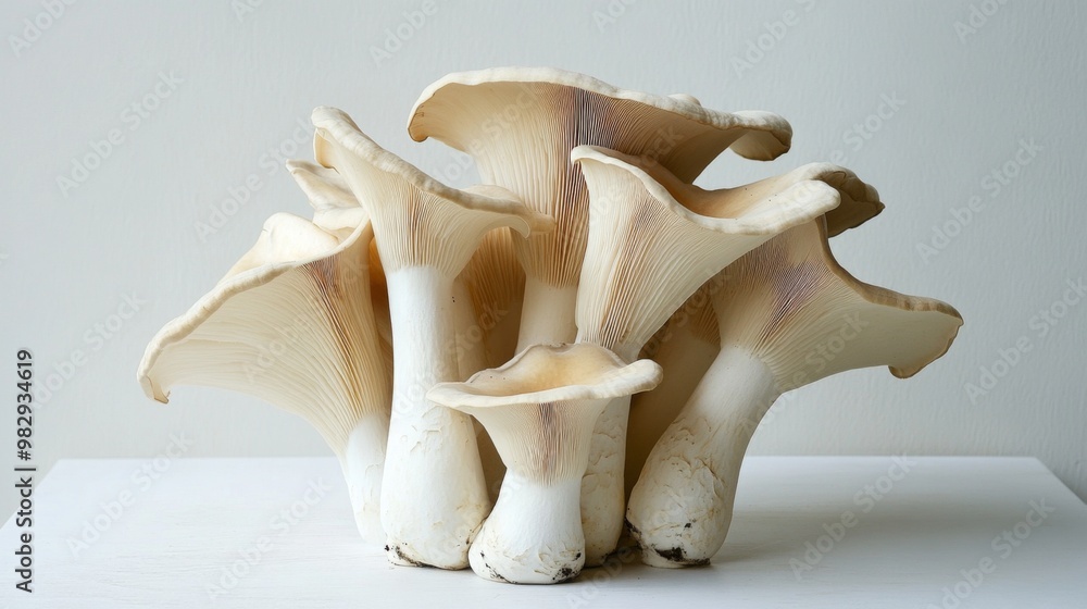 Poster a handful of king oyster mushrooms arranged artistically on a white surface, creating a simple yet e