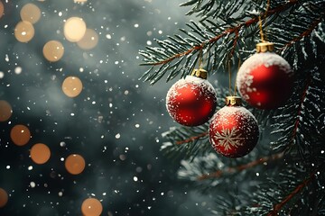 Christmas ornaments hanging on a snowy pine tree branch
