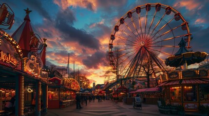 great fair with games and wheel of fortune in a beautiful dramatic sunset