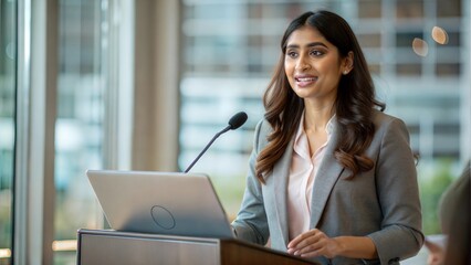 Indian Business Woman Giving Presentation - An Indian woman confidently presenting at a podium.	
