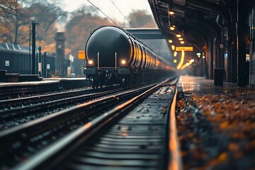 Obraz premium Black Freight Train Leaving Railway Station