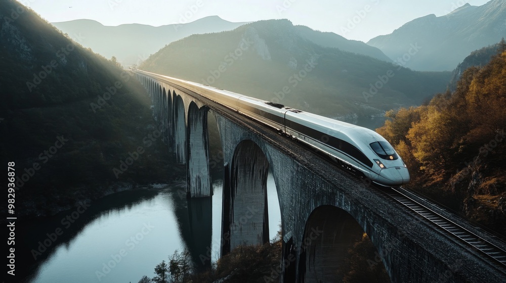 Poster a high-speed train crossing a dramatic bridge over a river or valley, capturing its elegance and spe