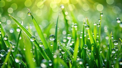 Fototapeta premium Fresh Green Grass Glistening with Water Droplets After Rainfall Macro Nature Background