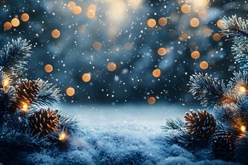 Winter landscape with pine branches and snow in festive atmosphere