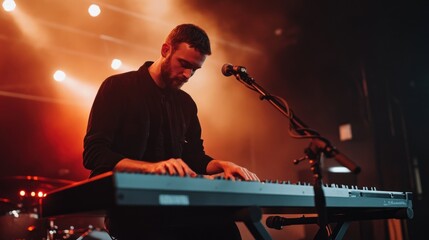 A talented musician plays the keyboard intently on stage, illuminated by warm stage lights at a concert venue. The energetic atmosphere captures the audience's attention