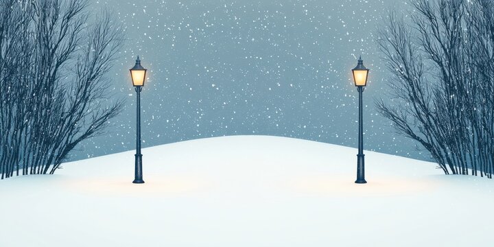 A serene winter scene featuring snow-covered ground and glowing street lamps amidst falling snowflakes and bare trees.
