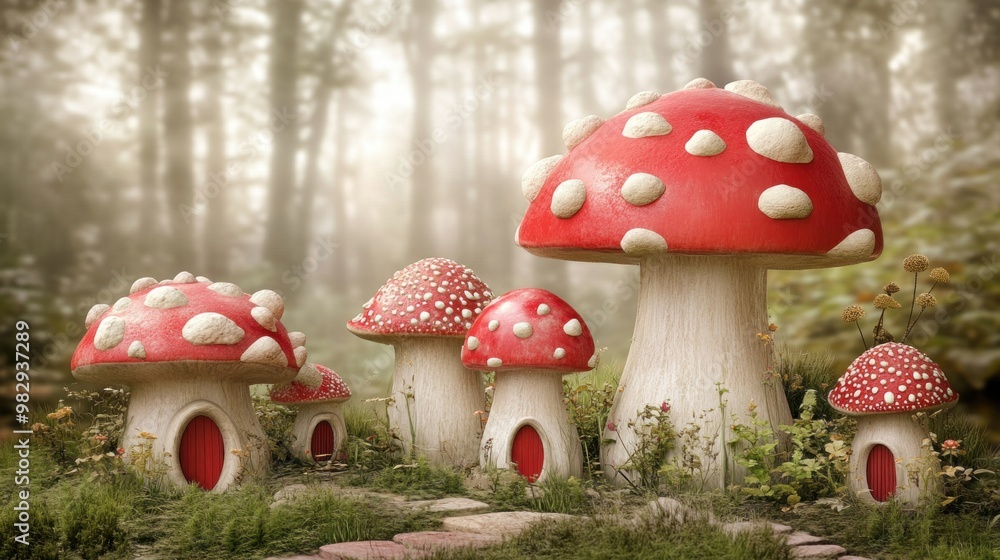 Poster a cluster of large red and white mushrooms stands in a serene forest, surrounded by soft green folia