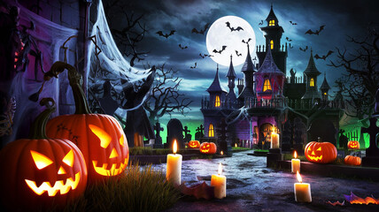 A halloween scene with pumpkins, a full moon and castle in the background.