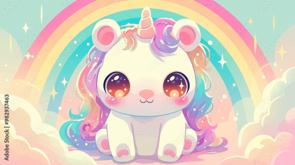 Poster illustration of a unicorn koala surrounded by a vibrant rainbow pattern on a light backdrop presente