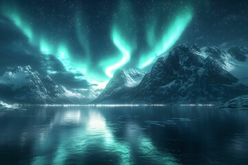Aurora borealis dances over snow-capped mountains by a calm lake