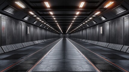 Fototapeta premium The long, narrow corridor features sleek metallic panels illuminated by bright overhead lights. The smooth floor reflects the light, creating an eerie yet captivating atmosphere