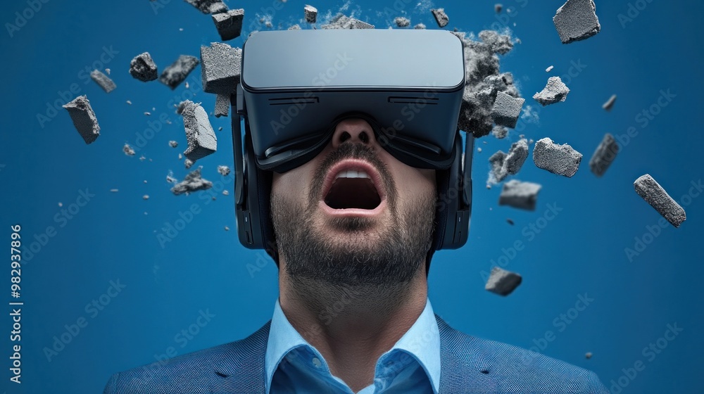 Poster a man is fully engaged in a virtual reality experience, wearing a headset while dynamic visual effec