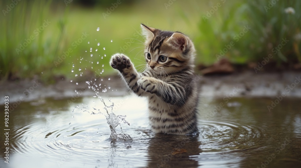 Poster a kitten standing in a small puddle, happily batting at the water with its paws, creating ripples an