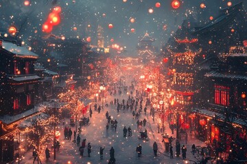 Festive winter night in a lantern-lit market with snowy streets