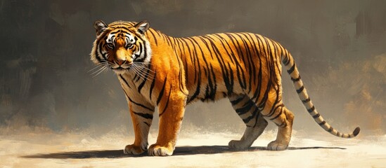 Artwork depicting the tiger the largest living cat species known for its distinctive dark vertical stripes on vibrant orange brown fur and a lighter underbelly