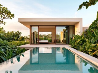 Luxurious Tropical Villa with Symmetrical Pool Reflection, Tranquil Evening Setting. Modern Minimalist Architecture in Lush Greenery. Ideal for Real Estate, Travel, and Design Projects