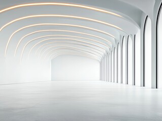 Obraz premium Minimalist Futuristic Architecture Serene White Room with Arched Windows, Spacious Design and Curved Ceilings for Real Estate, Design Concepts, and Modern Interiors