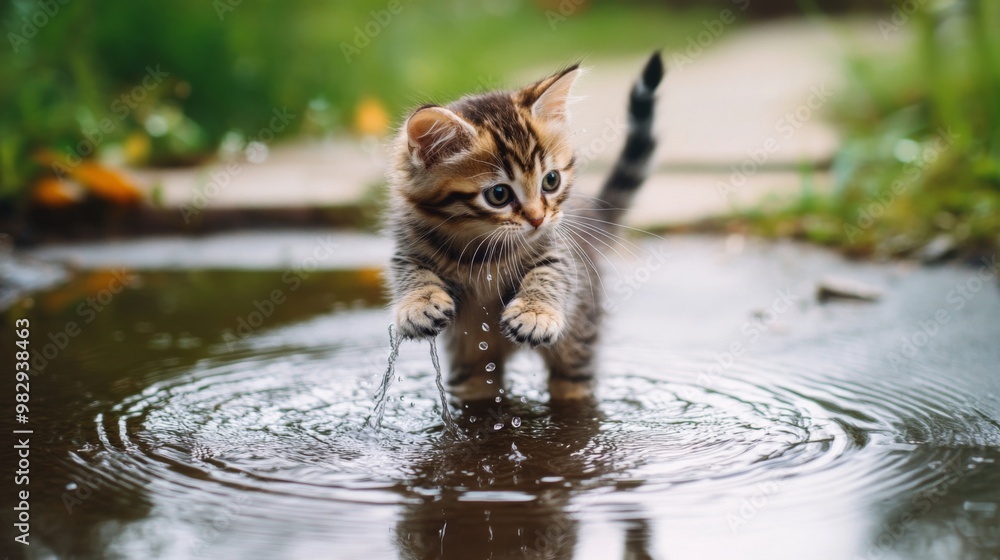 Poster a kitten standing in a small puddle, happily batting at the water with its paws, creating ripples an