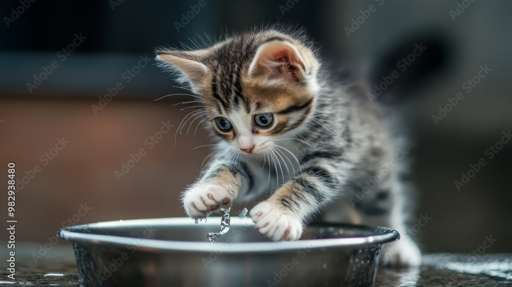 Aufkleber a kitten standing on the edge of a water bowl, cautiously pawing at the water while looking intrigue