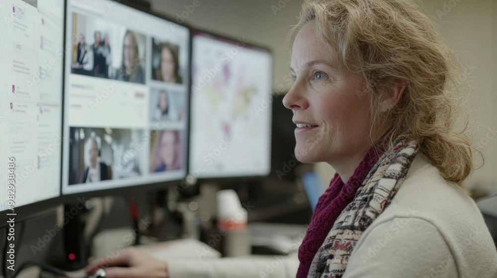 Poster a focused woman is participating in virtual meetings, interacting with colleagues on multiple screen