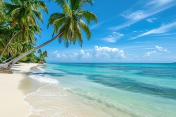 panorama of tropical beach with coconut palm trees