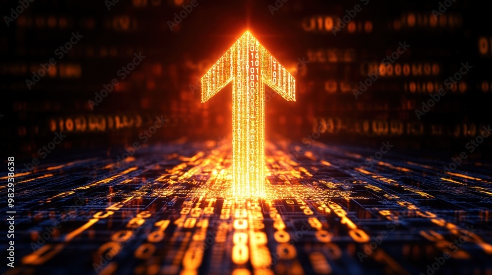 Poster an upward-pointing arrow crafted from glowing binary code rises from a dark digital landscape, repre
