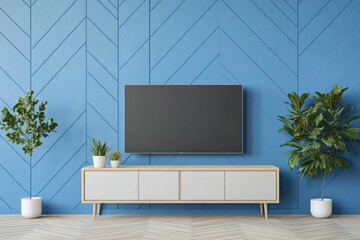 Fototapeta premium Modern Living Room with TV Cabinet on Blue Herringbone Wall