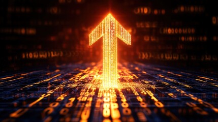 An upward-pointing arrow crafted from glowing binary code rises from a dark digital landscape, representing advancement and innovation in technology and data