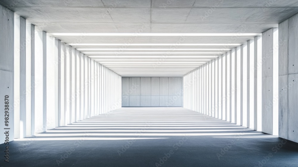 Poster a spacious hall features a striking interplay of light and shadow created by long beams illuminating