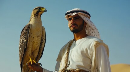 A man dressed in traditional attire stands confidently in the desert, holding a majestic falcon on his arm against a clear blue sky.