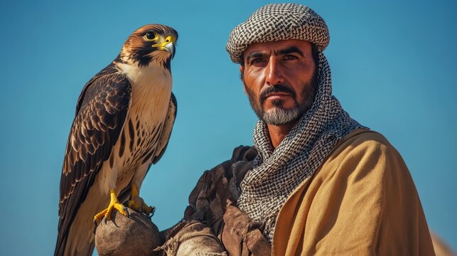 A falconer stands proudly with his falcon against a clear blue sky, showcasing the bond between human and bird of prey.