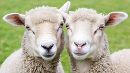Fototapeta premium Two sheep are positioned side by side, their woolly coats and curious expressions create a charming sight against a lush, green backdrop in bright daylight