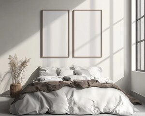 Nordic Bedroom Design with Modern Wall Mockup in 3D Render