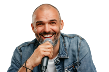 Portrait of a young man, a talented influencer or singer, holding a microphone as he records his voice for a live broadcast, isolated on a transparent background.