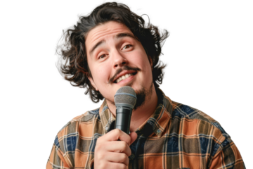 Portrait of a young male singer or influencer holding a microphone, preparing to record his voice for broadcasting, isolated on a transparent background.