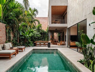 Fototapeta premium Serene Luxury Modern Minimalist Backyard with Symmetrical Pool Oasis, Green Foliage, and Elegant Architecture. Tranquil Retreat for Real Estate, Design, and Travel Concepts