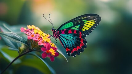 Fototapeta premium A macro shot of a colorful butterfly perched on a flower, showcasing its detailed wings and vibrant colors.