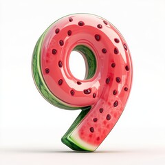 3D number 9 with watermelon texture realistic modern design, soft lighting, white background. 