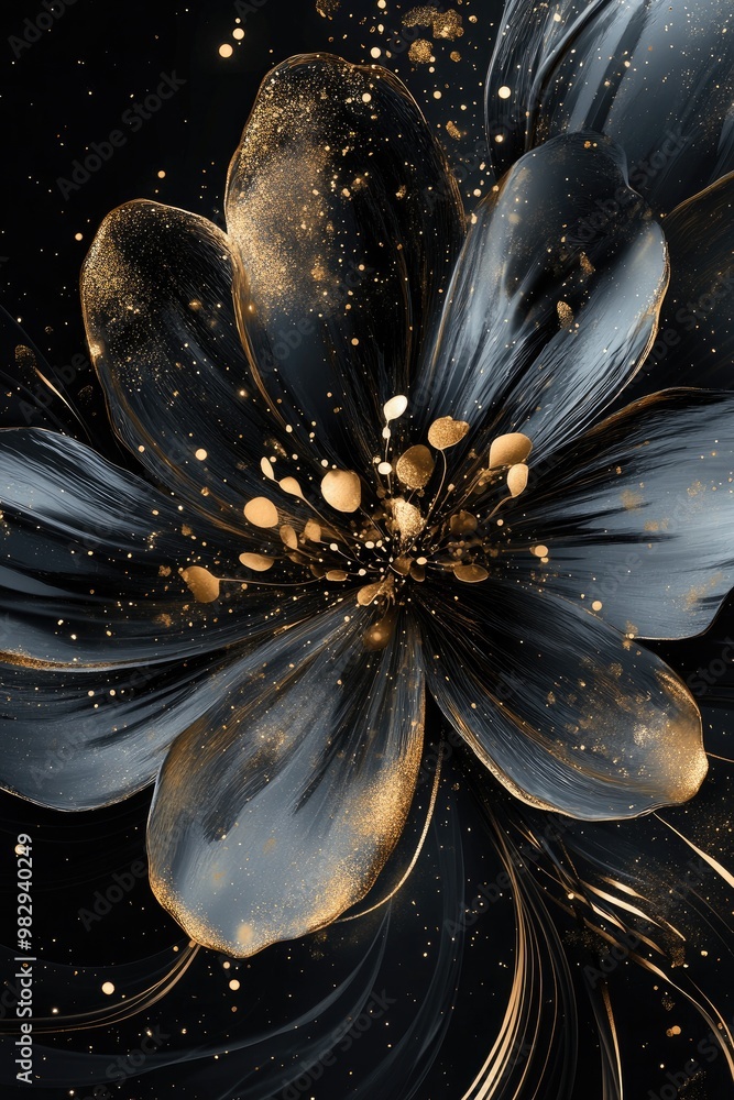 Poster abstract design featuring splashes of gold on a dark backdrop resembling a stylized flower with a hi