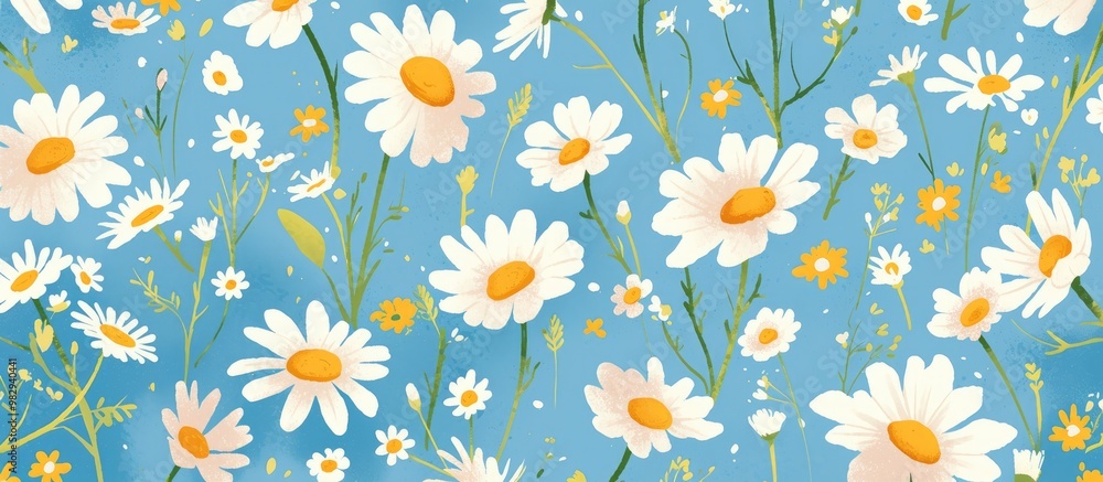 Poster flat lay of a daisy pattern featuring chamomile flowers against a blue background repetitive design 