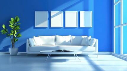 Scandinavian Living Room Interior Design with Blue Sofa and Wooden Table